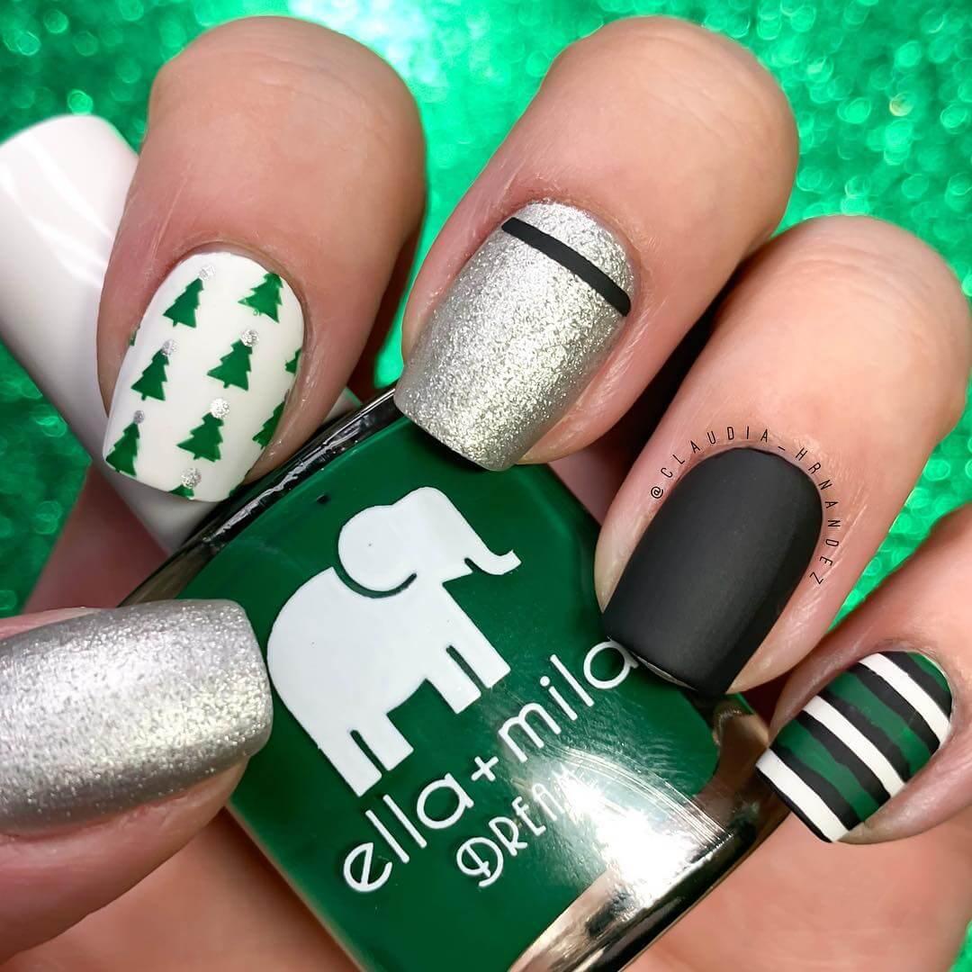 d'élégants ongles de Noël noirs et verts argentés